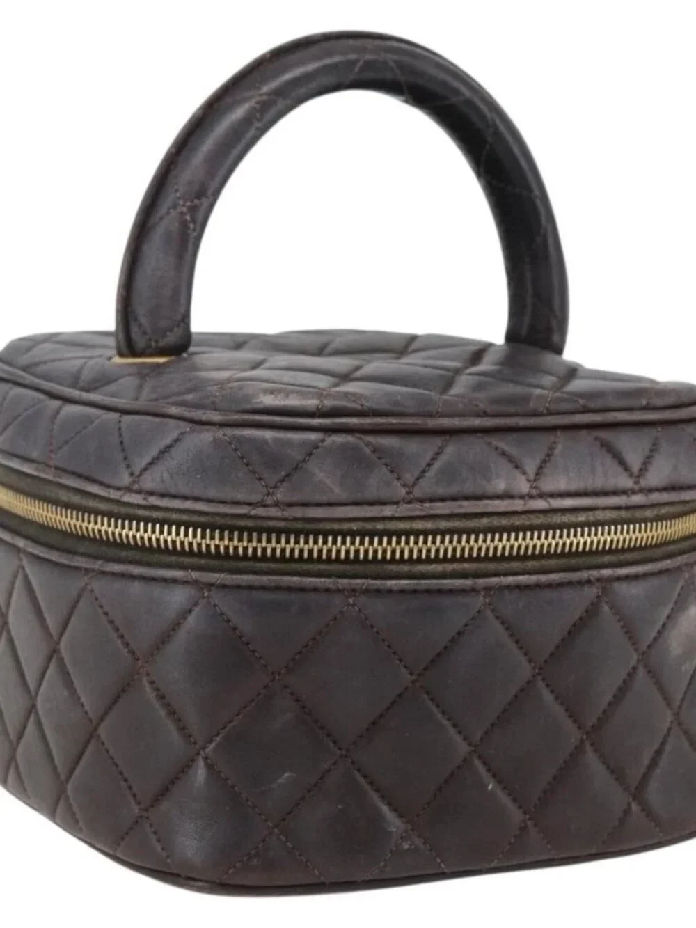 CHANEL Matelasse Vanity Hand Bag Lamb Skin Dark Brown Gold CC Auth 170916